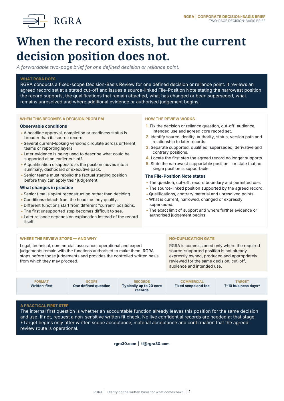 First page of the RGRA Corporate Decision-Basis Brief