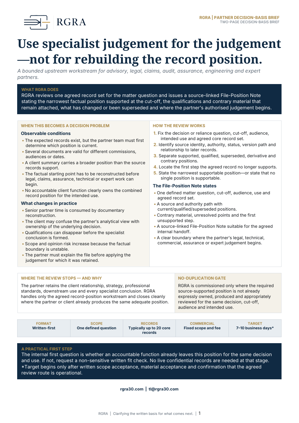 First page of the RGRA Partner Decision-Basis Brief