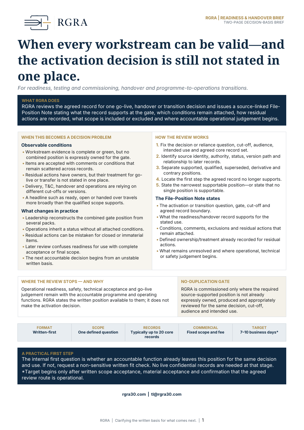 First page of the RGRA Readiness and Handover Decision-Basis Brief